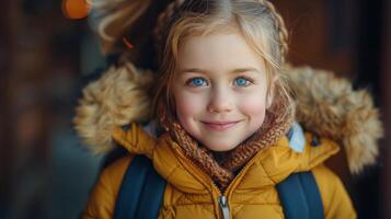 ai gegenereerd jong meisje met blauw ogen in geel jasje foto