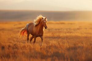 ai gegenereerd paarden galopperen aan de overkant een veld- Bij zonsondergang.generatief ai foto