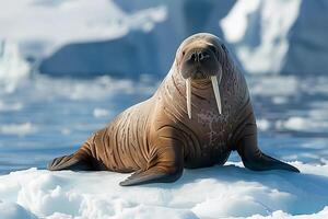 ai gegenereerd reusachtig walrus Aan ijs bord winter landschap .generatief ai foto