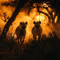 ai gegenereerd hyena wandelen in de struik in de avond.generatief ai foto