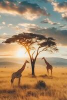 ai gegenereerd giraffe Bij savanne Aan zonsondergang hemel.generatief ai foto