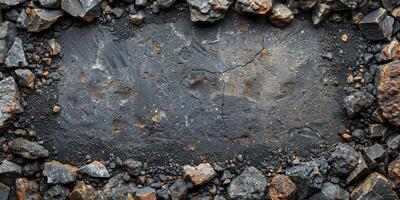 ai gegenereerd top visie van rijk zwart steenkool structuur omringd door rotsen foto