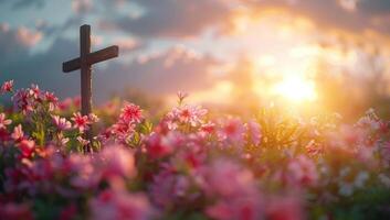 ai gegenereerd houten kruis Aan de weide met bloemen in de zonsondergang. foto