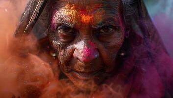 ai gegenereerd portret van een ouderen Indisch vrouw met kleurrijk poeder Aan haar gezicht gedurende de holi festival. foto