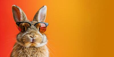 ai gegenereerd Pasen konijn vervelend zonnebril Aan oranje achtergrond. ruimte voor tekst. foto