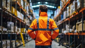 ai gegenereerd magazijn arbeider in oranje veiligheid hesje en uniform staand in opslagruimte faciliteit gangpad. concept van logistiek, voorraad beheer, en verdeling. foto