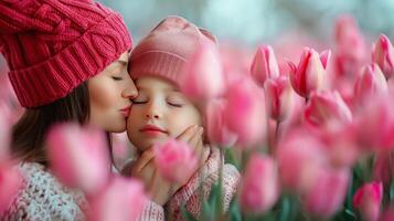ai gegenereerd vrouw en kind zoenen in bloem veld- foto