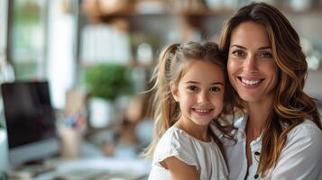 ai gegenereerd vrouw en weinig meisje poseren voor afbeelding foto