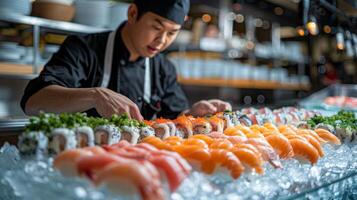 ai gegenereerd Mens voorbereidingen treffen sushi Bij restaurant foto