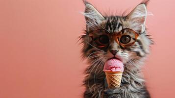 ai gegenereerd elegant kat aan het eten ijs room foto