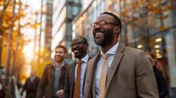 ai gegenereerd een groep van mannen wandelen naar beneden een straat foto