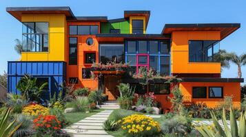 ai gegenereerd levendig veelkleurig huis met loopbrug foto