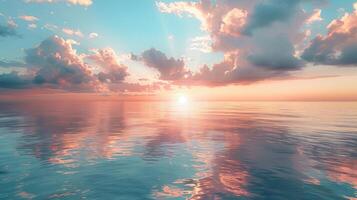 ai gegenereerd zon instelling over- oceaan met wolken foto