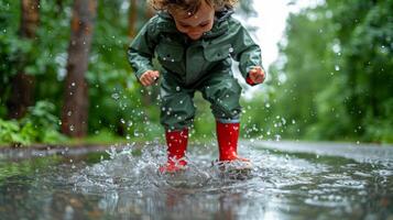 ai gegenereerd persoon in rood laarzen jumping in plas foto