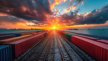 ai gegenereerd adembenemend zonsondergang over- Verzending containers en spoorweg sporen foto