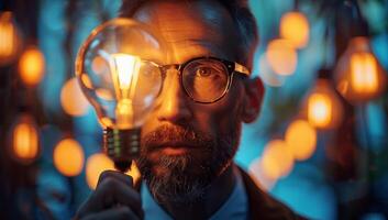 ai gegenereerd portret van een gebaard Mens met een licht lamp in zijn hand. foto