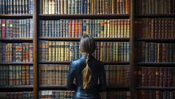 ai gegenereerd brunette vrouw in zwart leer jasje staand met haar terug naar de camera in een bibliotheek, op zoek Bij een muur van oud boeken. foto