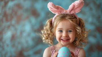 ai gegenereerd weinig meisje vervelend konijn oren Holding blauw en roze Pasen ei foto