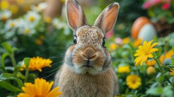 ai gegenereerd een dichtbij omhoog van een konijn in een veld- van bloemen foto