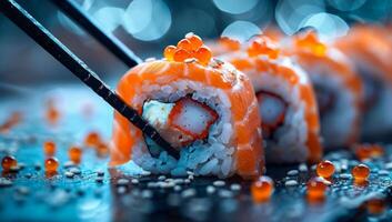 ai gegenereerd sushi rollen met Zalm en kaviaar Aan een blauw achtergrond. foto