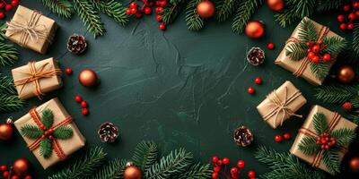 ai gegenereerd Kerstmis vakantie achtergrond met geschenken, ornamenten, en groenblijvend takken Aan donker groen backdrop foto