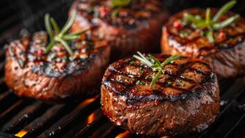 ai gegenereerd sappig gegrild rundvlees steaks met kruiden Aan vlammend barbecue grillen. heerlijk vlees Koken buitenshuis. foto