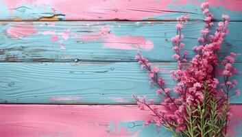 ai gegenereerd voorjaar bloesems Aan rustiek houten achtergrond. bloemen grens met roze wilde bloemen creëren een zacht, romantisch tafereel perfect voor moeders dag of seizoensgebonden groet kaarten foto