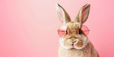 ai gegenereerd schattig konijn in zonnebril Aan kleur achtergrond, detailopname. ruimte voor tekst foto