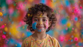 ai gegenereerd portret van een weinig meisje met geschilderd gezicht en veelkleurig confetti foto