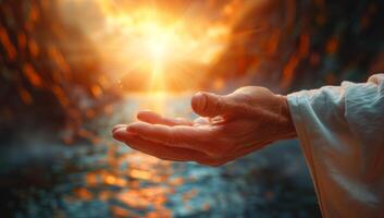 ai gegenereerd dichtbij omhoog van handen van een oud Mens tegen de achtergrond van de instelling zon foto