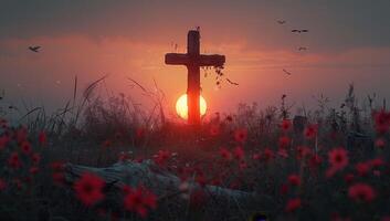 ai gegenereerd een oud houten kruis staat in een veld- van rood bloemen Bij zonsondergang. de lucht is donker en Daar zijn vogelstand vliegend in de achtergrond. foto
