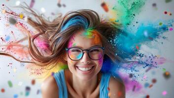 ai gegenereerd portret van gelukkig jong vrouw met kleurrijk verf spatten Aan haar gezicht foto