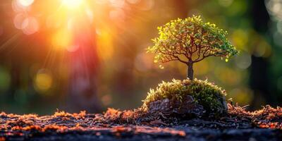 ai gegenereerd levendig herfst natuur tafereel met miniatuur boom en zonlicht. concept van verandering van seizoenen, groei, en nieuw begin. foto