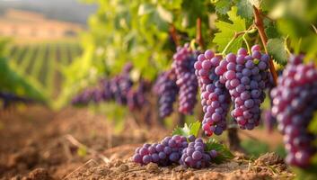 ai gegenereerd rijp Purper druiven hangende Aan Liaan in wijngaard foto