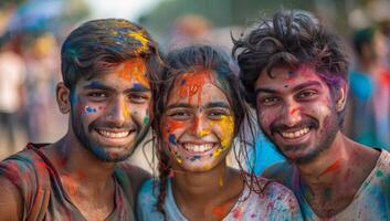 ai gegenereerd drie jong vrienden gedekt in kleurrijk poeder vieren holi. foto