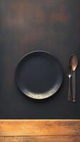 ai gegenereerd tafel instelling top visie van een leeg zwart bord, gereedschap verticaal mobiel behang foto