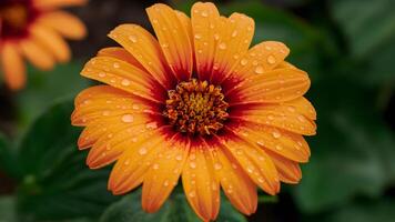 ai gegenereerd regen druppels verzamelen Aan oranje bloem bloemblaadjes, helder tuin achtergrond foto