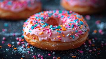 ai gegenereerd donut met wit glimmertjes en hagelslag foto