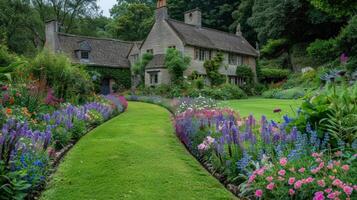 ai gegenereerd levendig bloemperken en gebogen gras pad in een charmant Engels formeel tuin foto