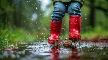 ai gegenereerd persoon in rood laarzen jumping in plas foto