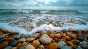 ai gegenereerd clusters van rotsen Aan strand foto