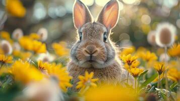 ai gegenereerd een dichtbij omhoog van een konijn in een veld- van bloemen foto