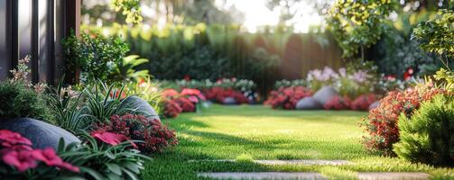 ai gegenereerd een groot achtertuin met veel verschillend planten foto