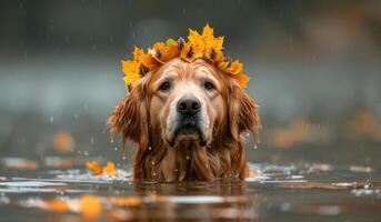 ai gegenereerd een gouden retriever vervelend een vallen blad kroon in water foto