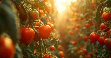 ai gegenereerd een boerderij vol van tomaat planten groeit in zonlicht foto