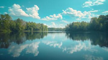 ai gegenereerd een minimalistische samenstelling van een rustig meer, met kalmte wateren reflecterend de omgeving bomen foto