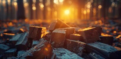 ai gegenereerd een stapel van hout bezuinigingen zijn verspreide in de bossen Bij zonsondergang foto