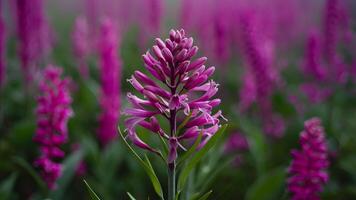 ai gegenereerd Purper fluorescerend bloem stam tegen wazig veld- achtergrond tafereel foto