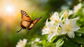 ai gegenereerd vliegend vlinder tegen zonsopkomst zonlicht en bloeiend wit bloemen foto