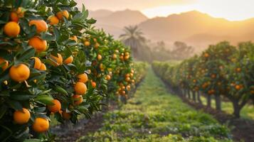 ai gegenereerd een citrus bosje, met rijen van oranje en citroen bomen uitrekken in de afstand foto